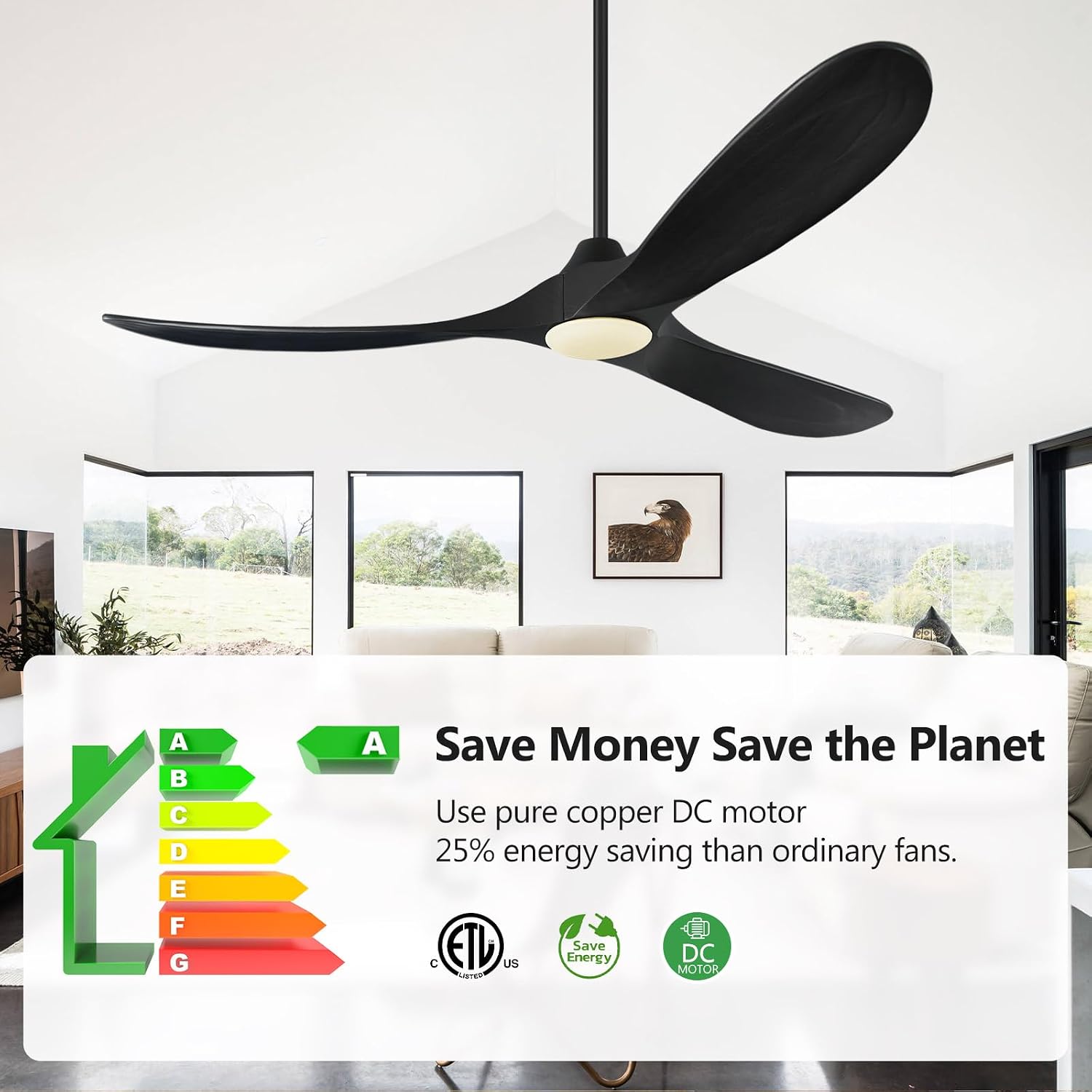 ABZ 52 Inch Ceiling Fans with Lights and Remote Control, Wood Outdoor Ceiling Fan with light 3 Blades Propeller Black Ceiling Fan for Indoor Patios Bedroom Garage ETL Listed, Matte Black