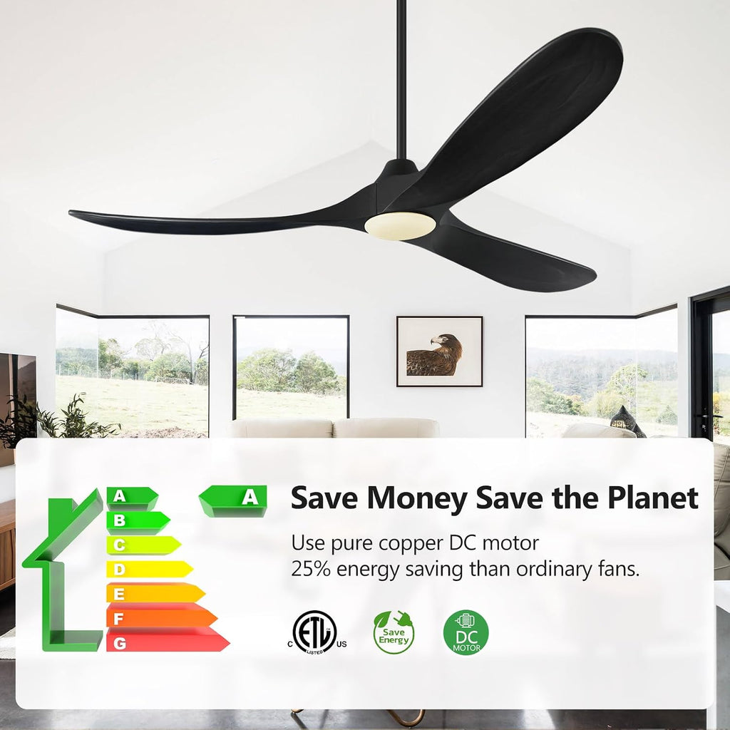 ABZ Ceiling Fans with Lights and Remote Control, 60 Inch Solid Wood Propeller Outdoor Ceiling Fan for Patios, 3 Blades Black Ceiling Fan with Light for Indoor Porch Farmhouse, Matte Black