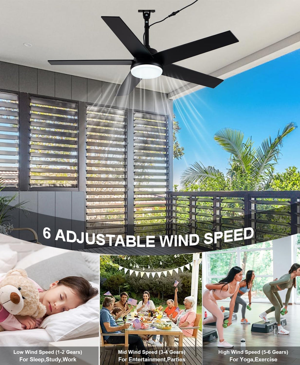 42'' Walnut Waterproof Gazebo Fans with Lights Remote App Control,IP65,6 Speed Reversible 3-Blade Plug-in Outdoor Hanging Fan for Indoor,Patios,Pergola,Garage,Deck,Coastal