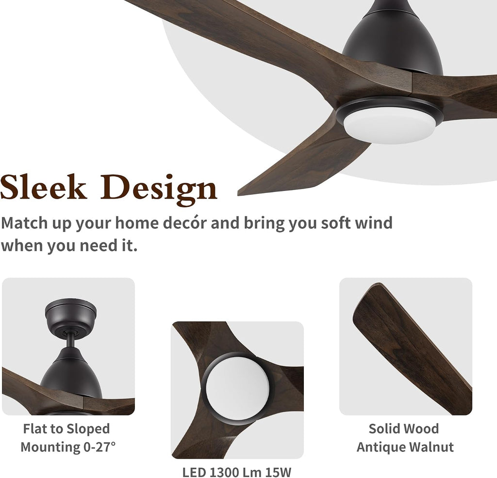 48' Smart Low Profile Ceiling Fans with Dimmable Lights Remote,Quiet BLDC Motor,Outdoor Indoor Downrod Mount Ceiling Fan,Control with WIFI Alexa App,3 Walnut Solid Wood Blades,for Modern Bedroom