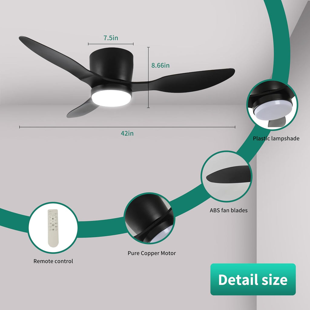 42' Smart Flush Mount Ceiling Fans with Lights Remote,Quiet DC Motor,Outdoor Indoor Low Profile Ceiling Fan,Control with WIFI App,Dimmable,ABS blades,for Bedroom Patio