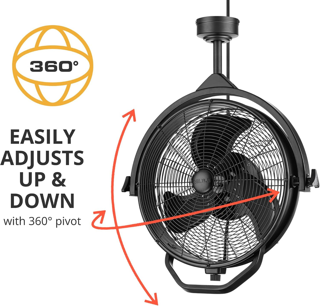MULE Rugged Outdoor 18' Inch Fan, Dual Height Ceiling Mounting options, Standard 3-prong plug, 360-deg + up/down adjustable direction, 3-speeds, High Flow, 8 ft cord, Damp rated, Black Matte, 52008-5