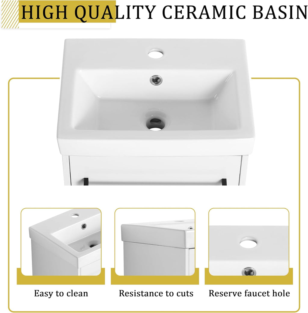 Glemab 17.31' Floating Wall-Mounted Bathroom Vanity, Wall-Mounted Storage Cabinet with Ceramic Sink, Soft-Close Cabinet Door, Bathroom Vanity with Ceramic Sink, White