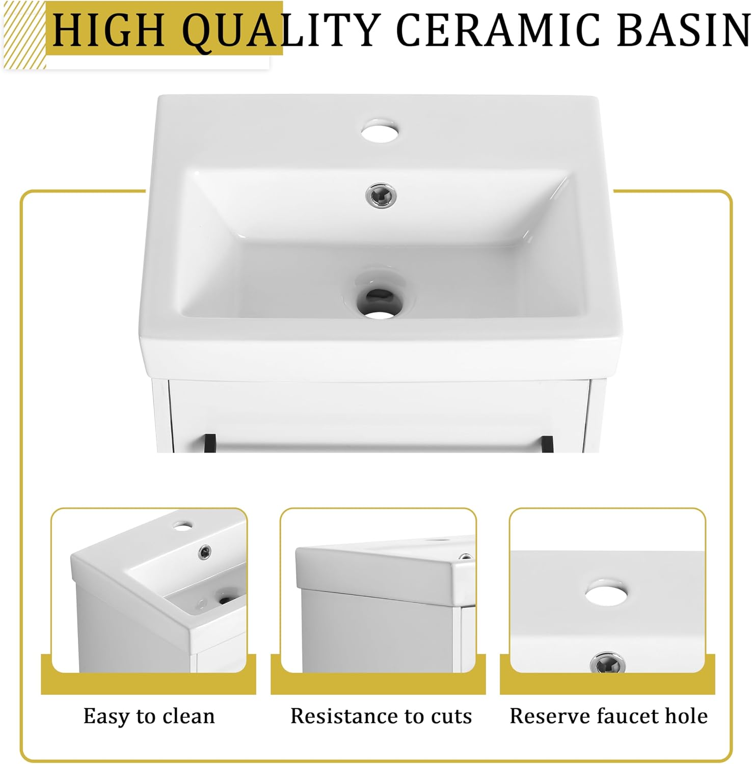 Glemab 17.31' Floating Wall-Mounted Bathroom Vanity, Wall-Mounted Storage Cabinet with Ceramic Sink, Soft-Close Cabinet Door, Bathroom Vanity with Ceramic Sink, White
