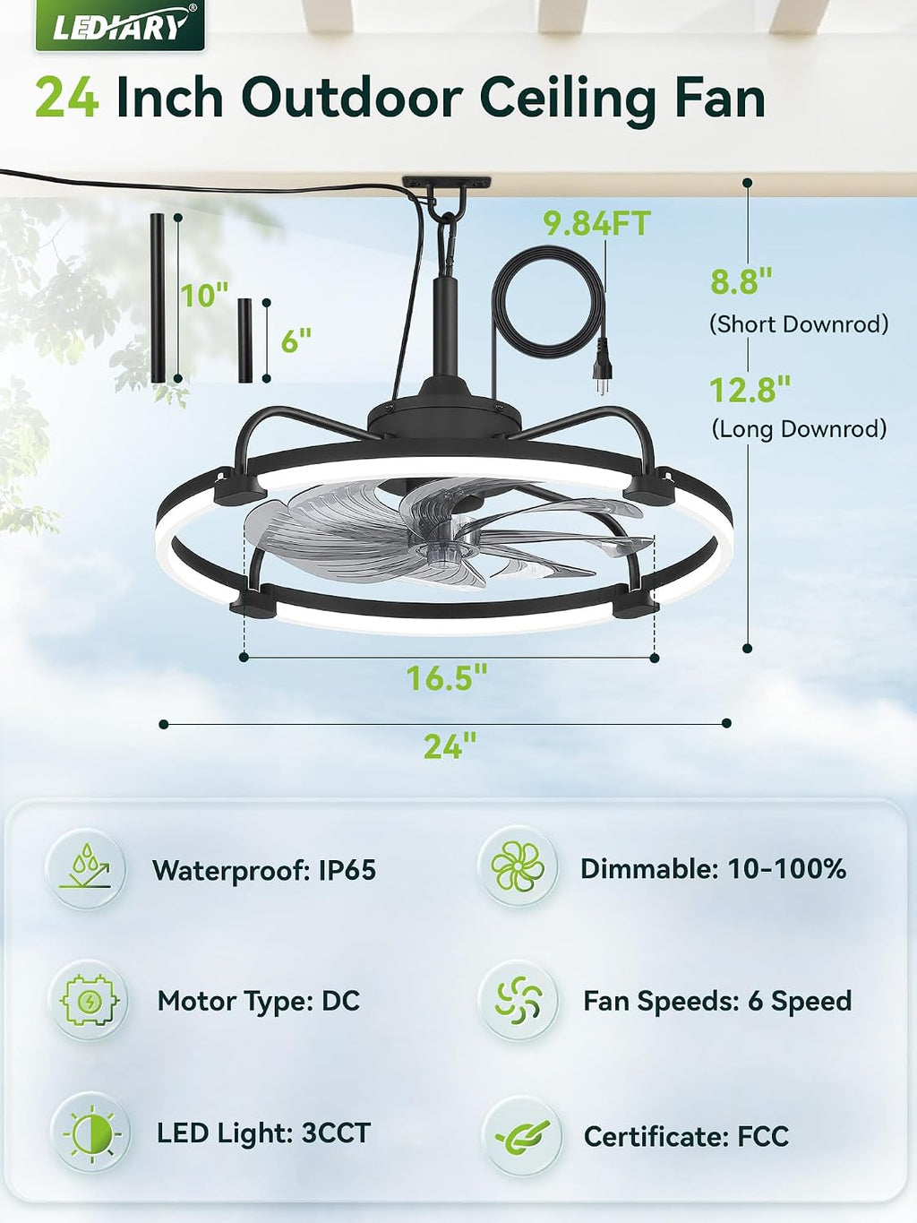 LEDIARY 24' Outdoor Ceiling Fans with Light for Patios, IP65 Waterproof Gazebo Fan, Plug-in Hanging Fan Remote&APP Control, 3CCT Dimmable, 6-Speeds, Caged Ceiling Fan for Gazebo,Patio,Pergola,Porch