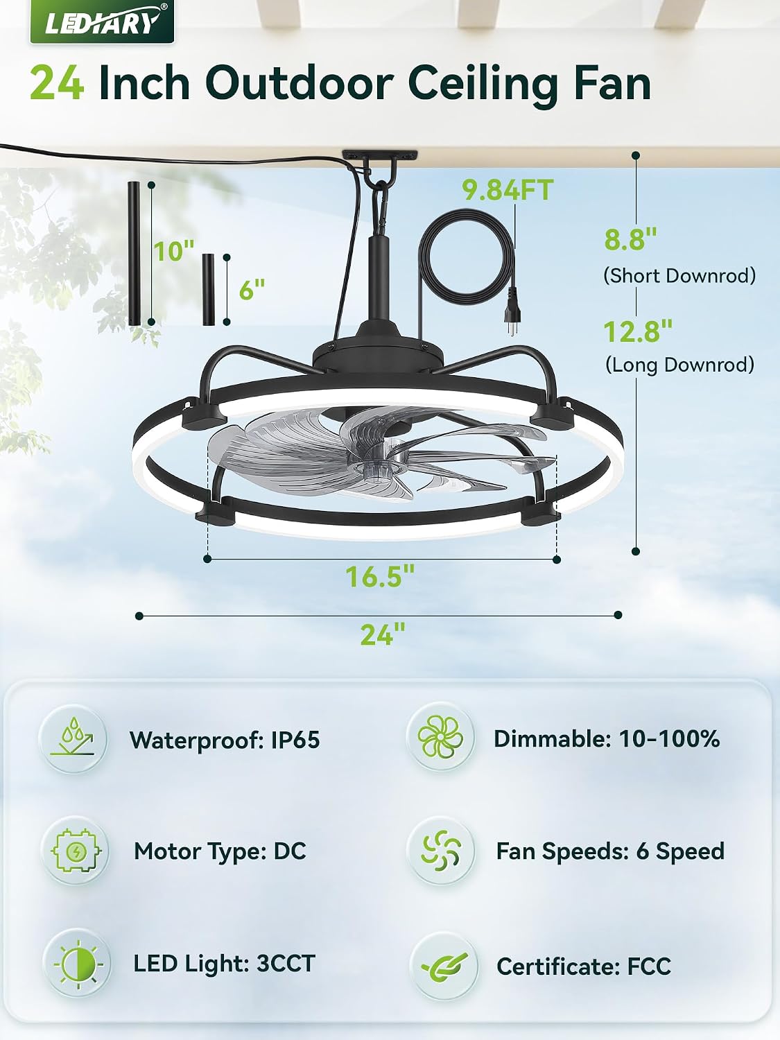 LEDIARY 24' Outdoor Ceiling Fans with Light for Patios, IP65 Waterproof Gazebo Fan, Plug-in Hanging Fan Remote&APP Control, 3CCT Dimmable, 6-Speeds, Caged Ceiling Fan for Gazebo,Patio,Pergola,Porch