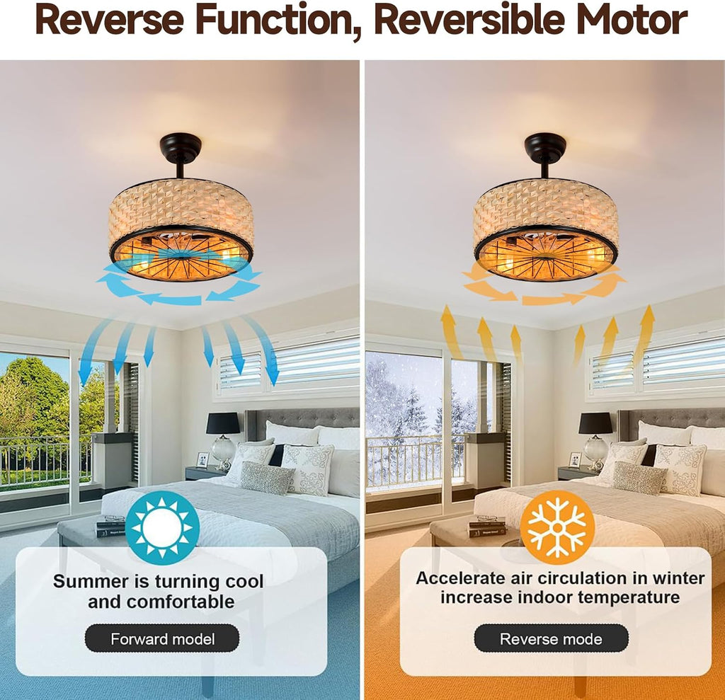 19.7in Boho Ceiling Fan with Lights Bamboo Caged Fan Lighting Rattan Fandelier Wicker Ceiling Light with Fans for Bedroom Kitchen Island Nursery Dining Living Room, Remote 6 Speeds E26 Base