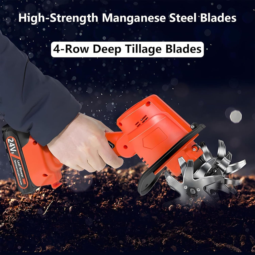 24v Cordless Mini Tiller Cultivator,Electric Garden Tiller Cultivator,235rpm with 4 Rows of Tines,2x1.5ah Batteries Charger,Ultra Lightweight 1.5kg,Garden Rototiller,for Effortless Gardening