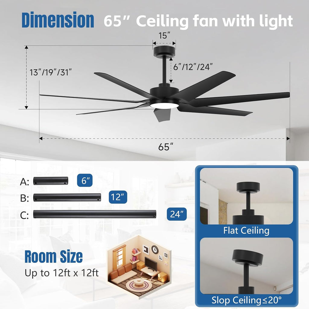 65 Inch Outdoor Ceiling Fans for Patios with Lights, Modern Black Smart Ceiling Fan with Alexa/Remote Control, Wet Rated 7-Blade Large Outdoor Fan for Living Room Gazebo Garage, Quiet DC Motor