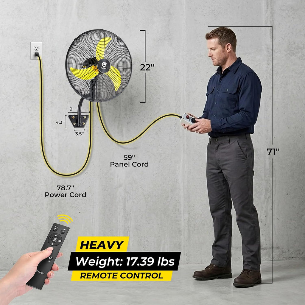 FUGOO 20'' Outdoor Quiet Remote Control Oscillating Wall Mount Fan,All Sealed BLDC Motor,4 Speed Waterproof Outdoor Fan With Remote, Heavy Duty Industrial Wall Fans for House,Patios,Garage,Warehouse