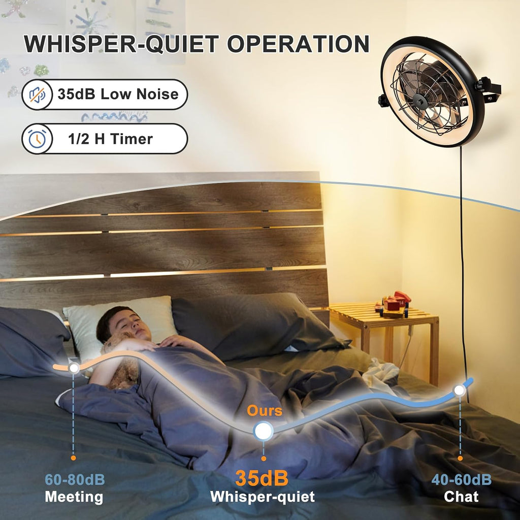 16' Wall Mounted Fan Indoor, Quiet 6 Speed Wall Mount Fan with Remote, Light and Timer, 360° Adjustable Tilt Plug in Wall Fan for Garage, Bedroom, Kitchen, Living Room, Greenhouse, Patio