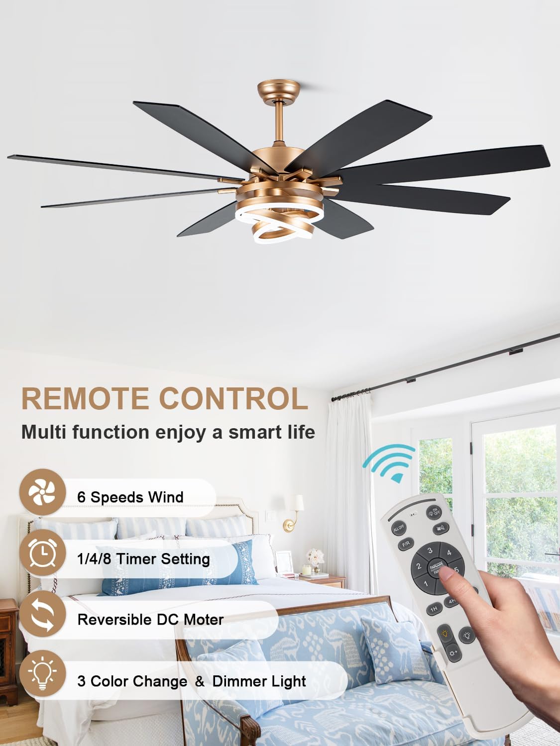 72 Inch Black and Gold Ceiling Fan with Lights and Remote Modern Fandelier Ceiling Fan Large Chandelier LED Light, Reversible DC Motor 3CCT Dimmable 6 Speed for Living Room Indoor Outdoor