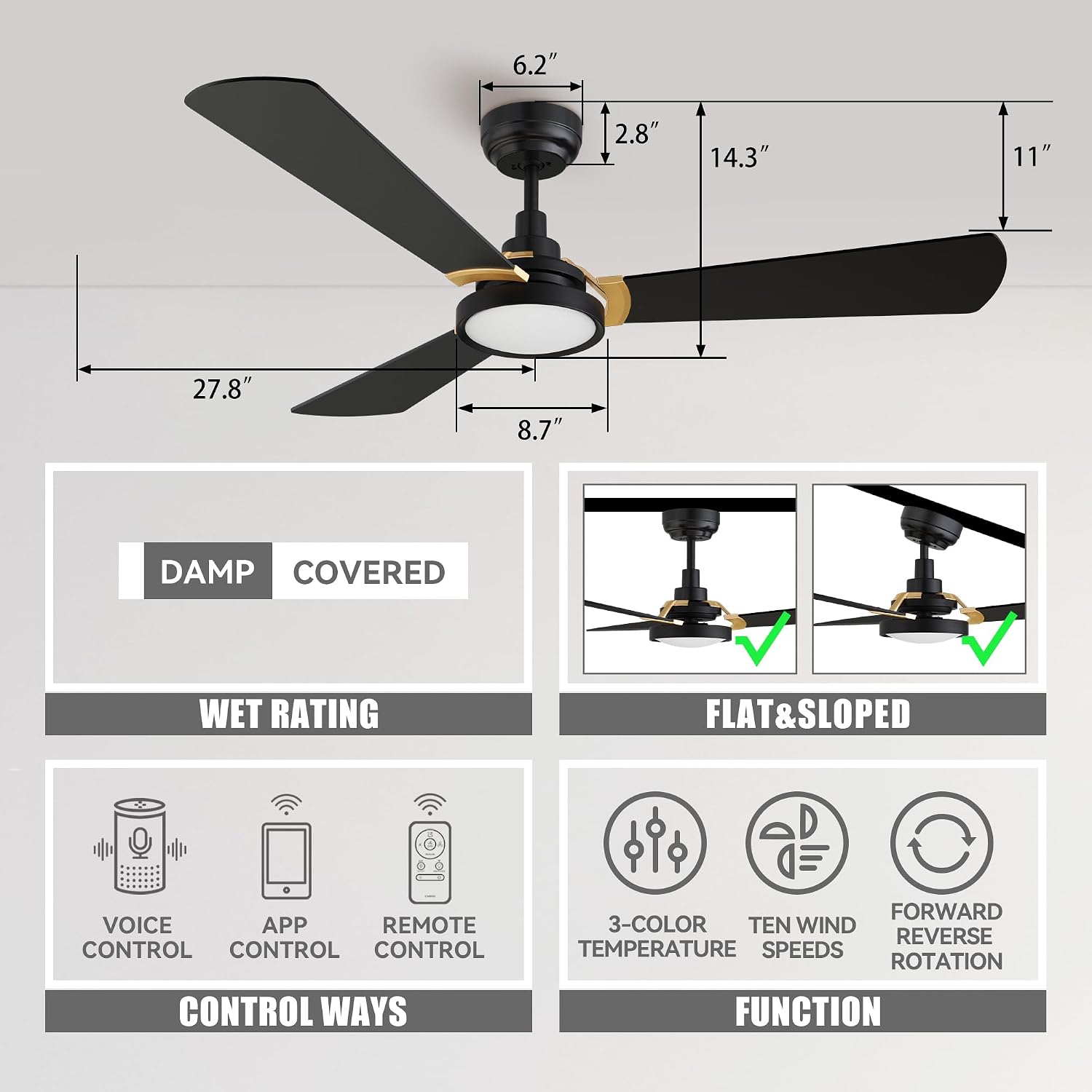 SMAAIR 56 Inch Black Ceiling Fan with Lights Remote Control and 10 Speed DC Motor, Low Profile Ceiling Fan with Dimmable Light works with Alexa/Google Assistant/Siri Shortcuts, 3 Blade, Black/Gold