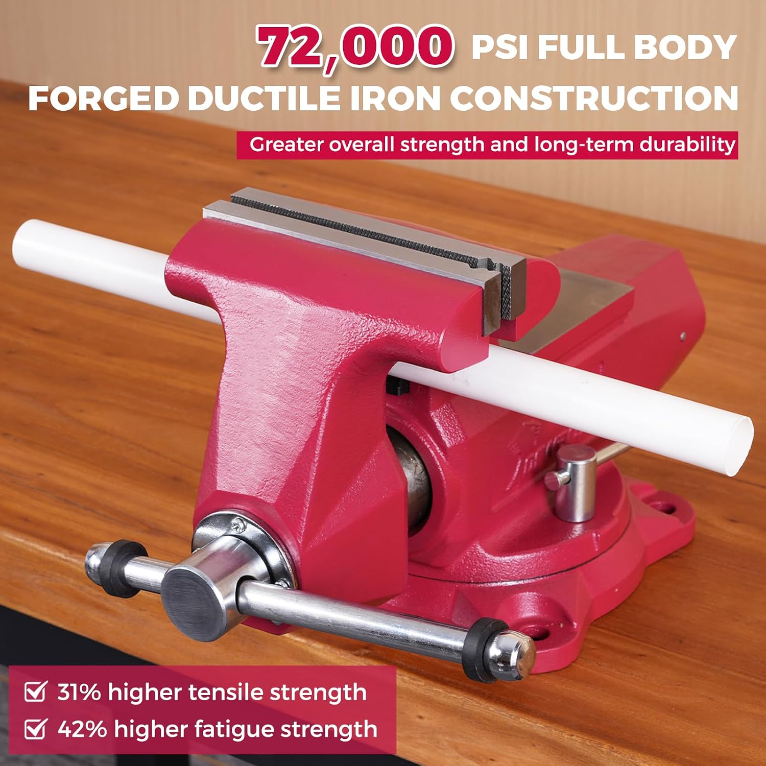 Forward Round Bench Vise 6 Inch Heavy Duty, 1760 Economic Industrial Vice with 360° Swivel Base, 6' Jaw Width, 7' Max Jaw Opening, 4' Throat Depth 72,000PSI Ductile Iron