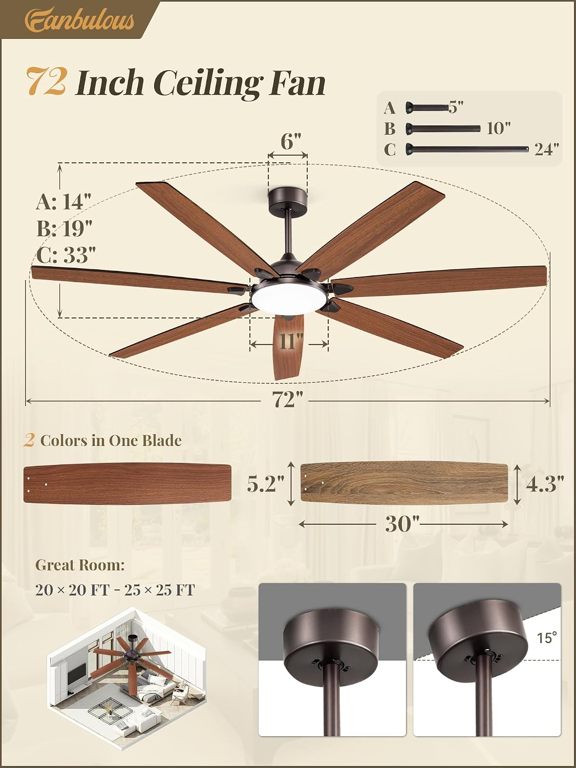 Fanbulous 72 Inch Large Ceiling Fans with Lights,Oil Bronze Modern Ceiling Fan with Quiet DC Motor, 3CCT, Indoor/Outdoor Ceiling Fan with Dual Finish Reversible 7 Blades, Timer for Living Room, Patio