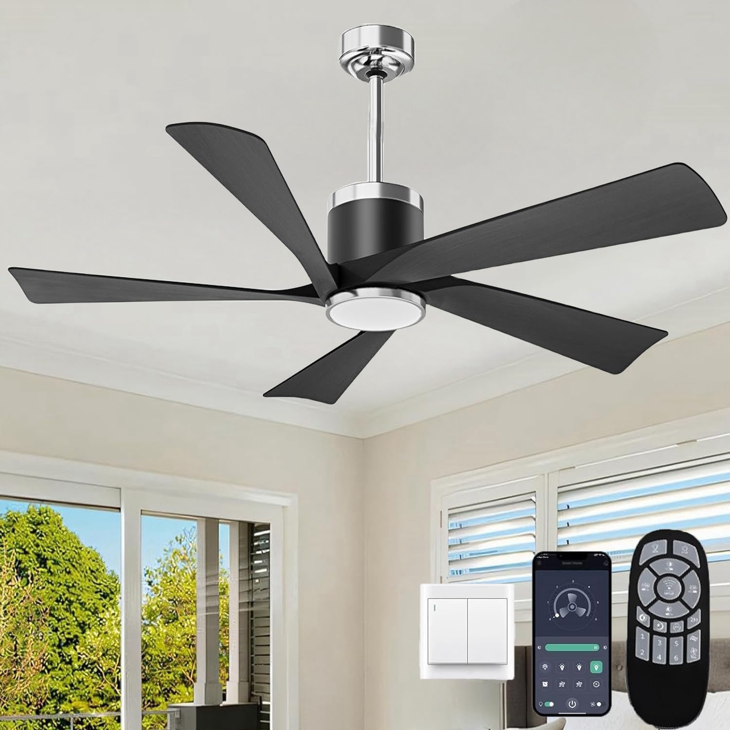 TXCSLY 52'' Ceiling Fans with Lights, Modern Ceiling Fan with Remote Control, Indoor Outdoor Ceiling Fan for Living Room,Bedroom 5 Blade 3 Color Tempearture (Black)