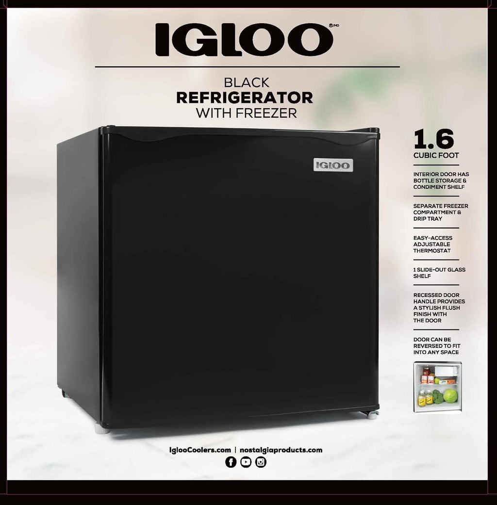 Igloo 1.6 Cu.Ft Mini Fridge with Freezer- Single Door Compact Refrigerator with Glass Shelves for Homes, Dorms & Offices- Keep Snacks, Drinks & Frozen Foods Cool with Temperature Control Fridge- Black