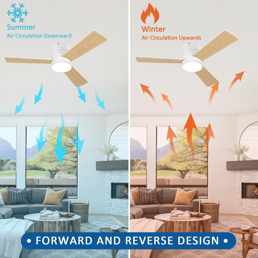 GESUM 42 Inch Ceiling Fan with Lights, Flush Mount Ceiling Fans with Remote Control, Dimmable, 3CCT, Reversible, White Outdoor Ceiling Fans for Patios Bedroom Kitchen Porch