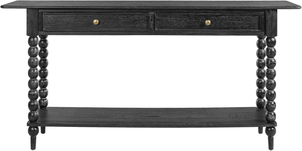 Christopher Knight Home Zeka Narrow Console Table with Storage, Wood Entryway Table with 2 Drawers and 1 Bottom Shelf, Retro Display Table with Unique Spherical Legs for Hallway, Living Room, Black