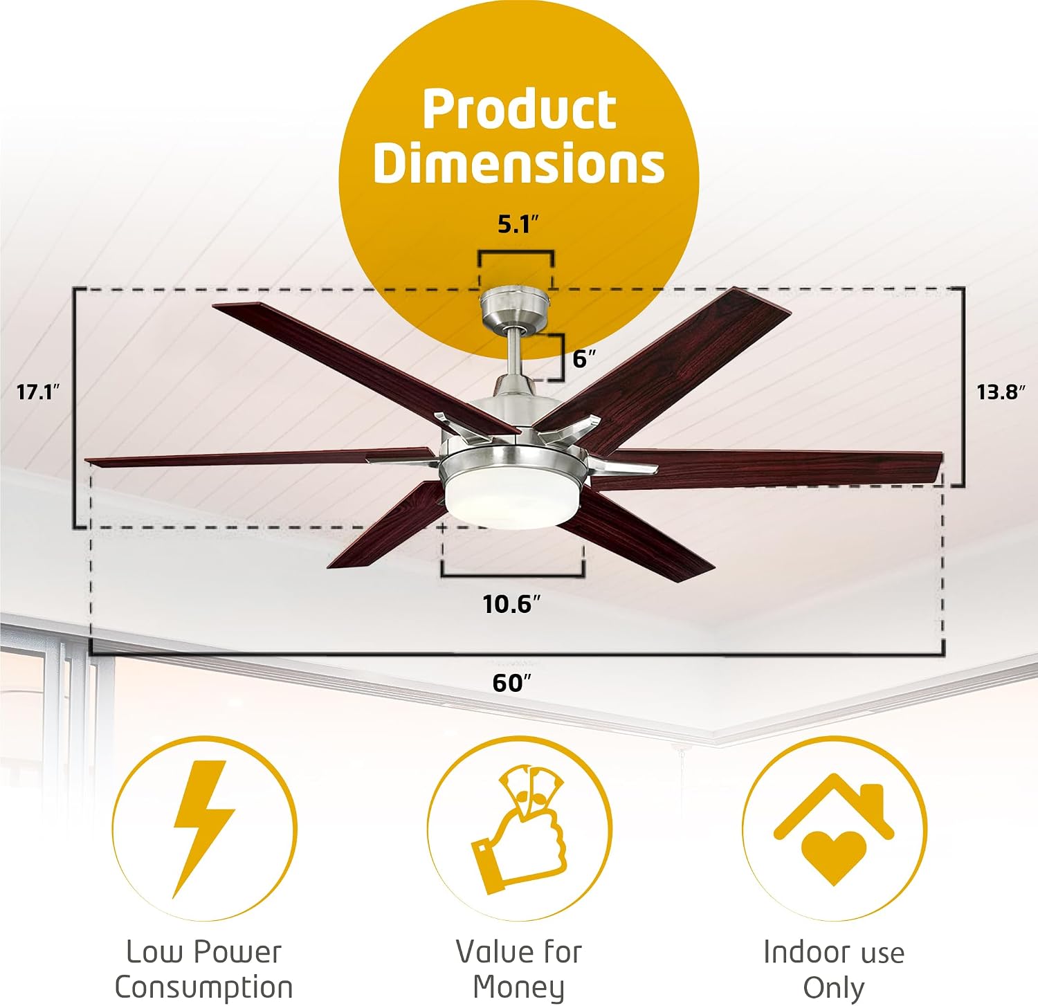 Ciata 60-inch Ceiling Fans with Lights – Smart Ceiling Fan for Bedroom/Living Room – Advanced Ceiling Fan with Remote Compatible with Alexa/Google Home – Wi-Fi Fans for Home – Brushed Nickel Finish
