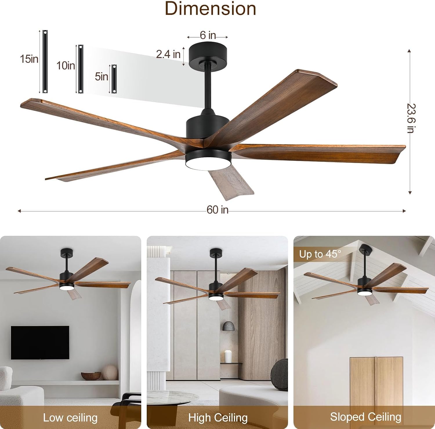 heimo 60 Inch Ceiling Fans with Lights and Remote T2, Wood Indoor Outdoor Ceiling Fan with Light for Patios Living Room Bedroom 5 Blades Large Mid Century Modern Waterproof Outside Fan (Walnut)