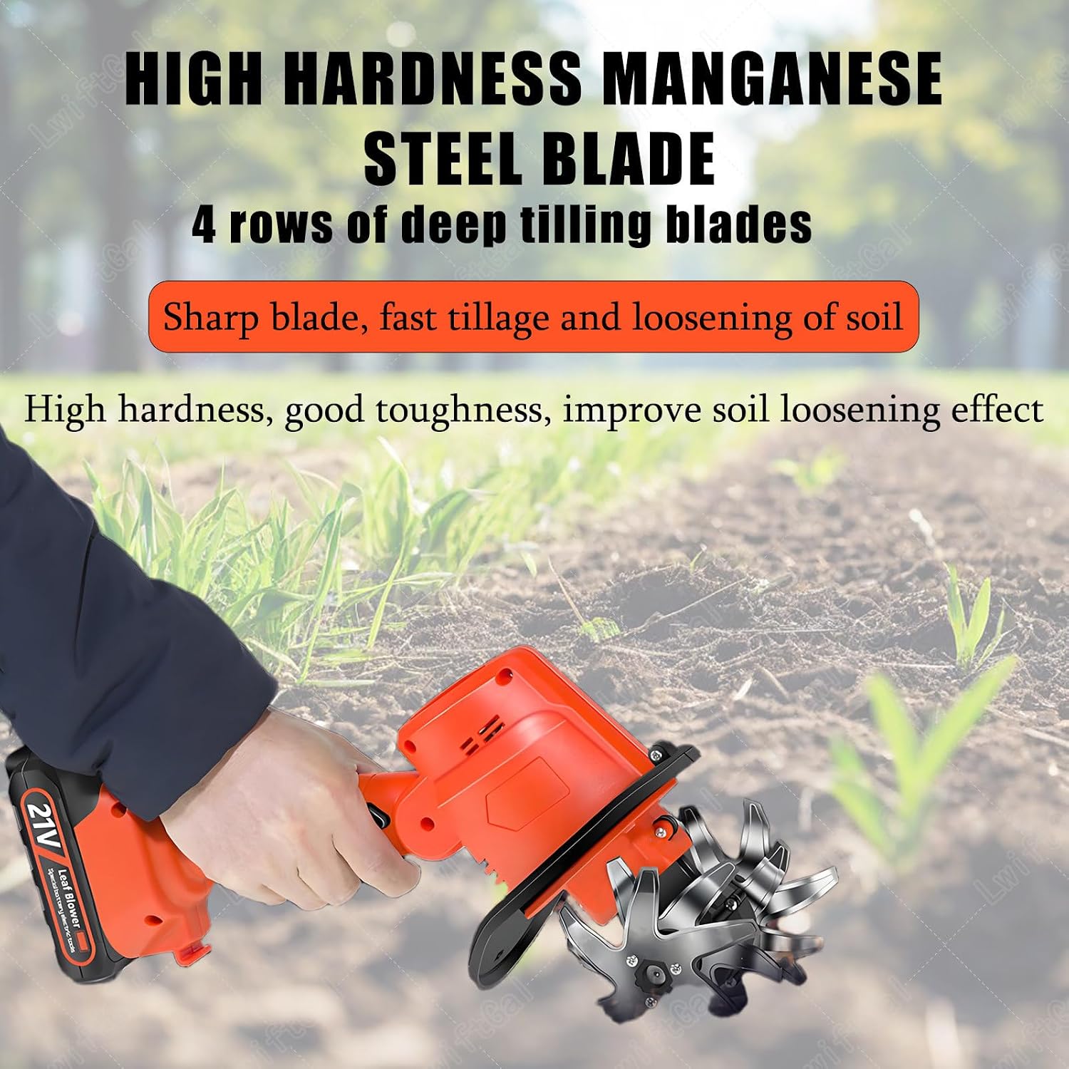 Cordless Handheld Cultivator, Garden Rotavator with 10cm Tilling Depth and 10cm Tilling Width, Electric Tiller with Battery, for Farm, Yard With1.3mExtension-1battery