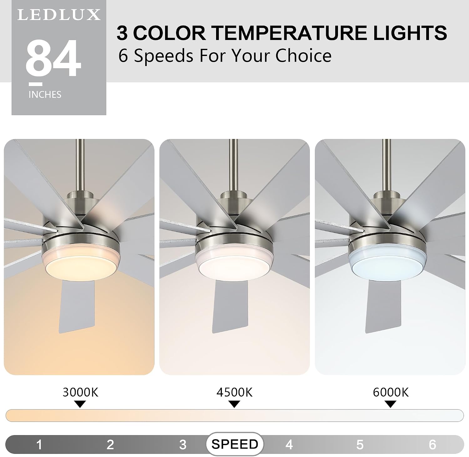 LEDLUX 84' DC Motor Ceiling Fan with Light, 6-Speed Remote Control, Reversible Motor, Modern 9 Blades Silver Ceiling Fan with 4.5'/12'/24' Downrods for Home or Commercial, Living Room/Restaurant