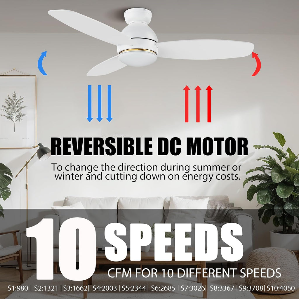 CEME 48' Ceiling Fan with Light Flush Mount, DC 10 Speeds Outdoor Ceiling Fan with Remote, 3 Light Colors Dimmable LED， Compatible with Alexa, Siri & Google Home, White
