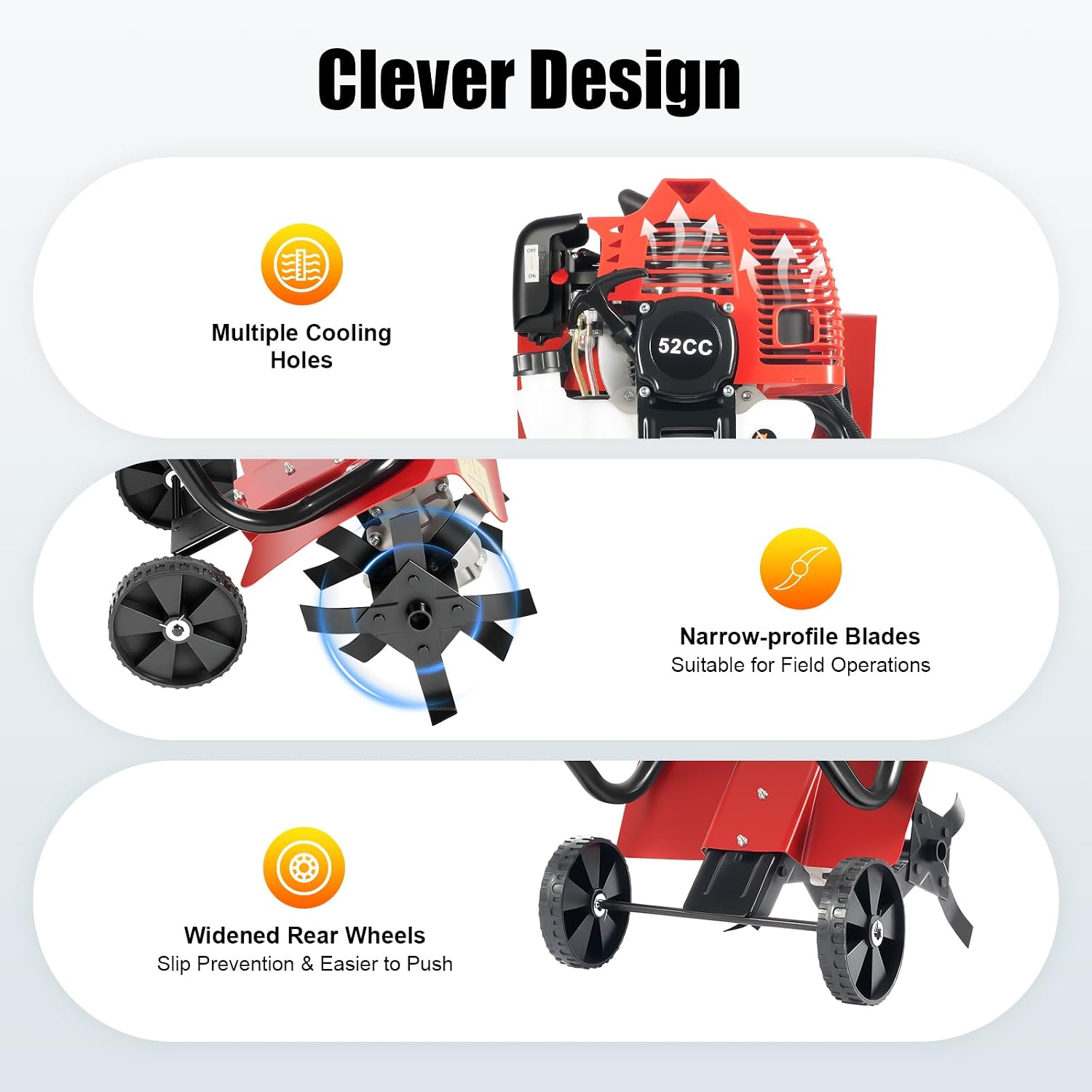 Commercial 52cc Heavy Duty Tiller, 2-Stroke Gas Tiller, Heavy Duty Hand Push Rototiller/Cultivator for Sandy and Loose Soil