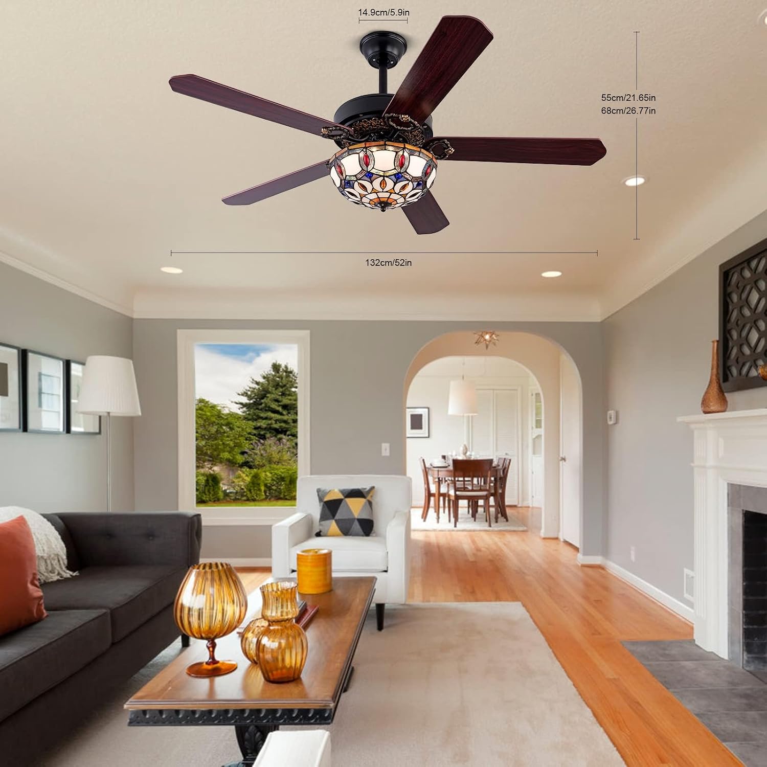 OUKANING Modern Crystal Chandelier Ceiling Fan Gorgeous Reversible Rural Retro Fandelier Light Fixture with Remote for Bedroom Living Room Kitchen