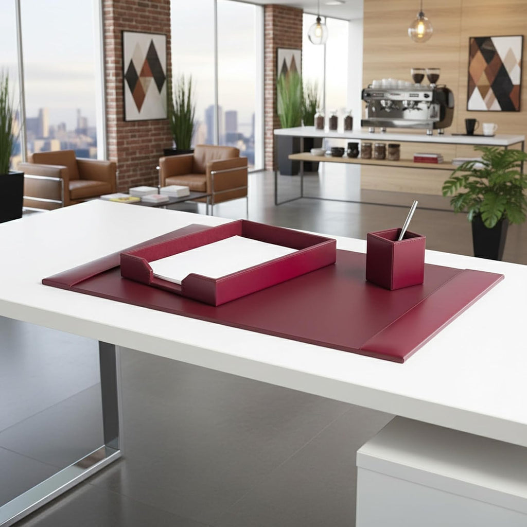 DACASSO Bonded Leather Desk Set - Luxury Leather Desk Pad & Desk Organization Essentials (Burgundy, 3 Piece)