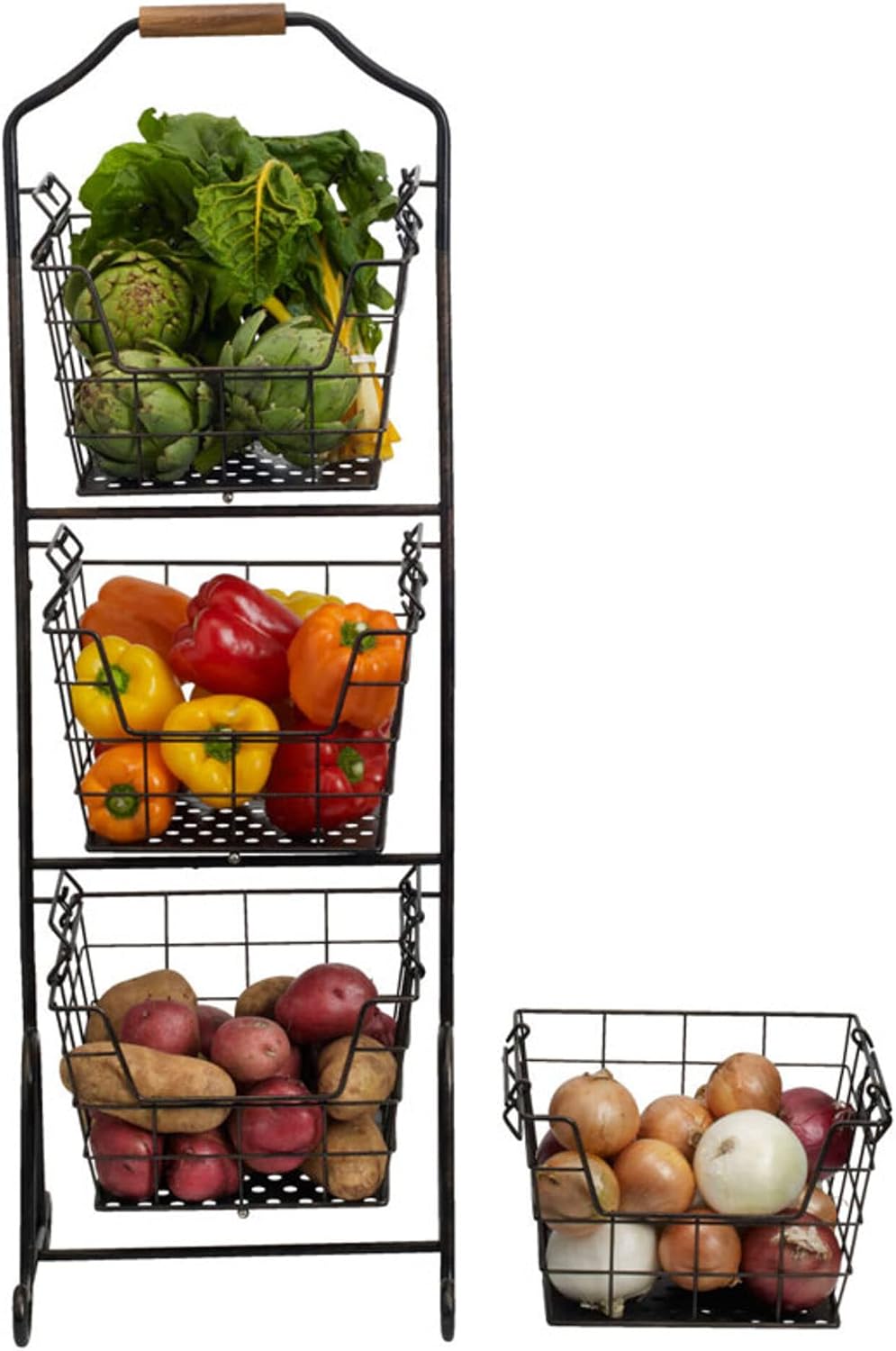 Mikasa Gourmet Basics Ferme 4-Tier Market Basket - Antique Black Wire and Acacia Wood Handle, Kitchen Fruit Vegetable Storage Organizer, 13.5 x 11.5 x 51 Inches