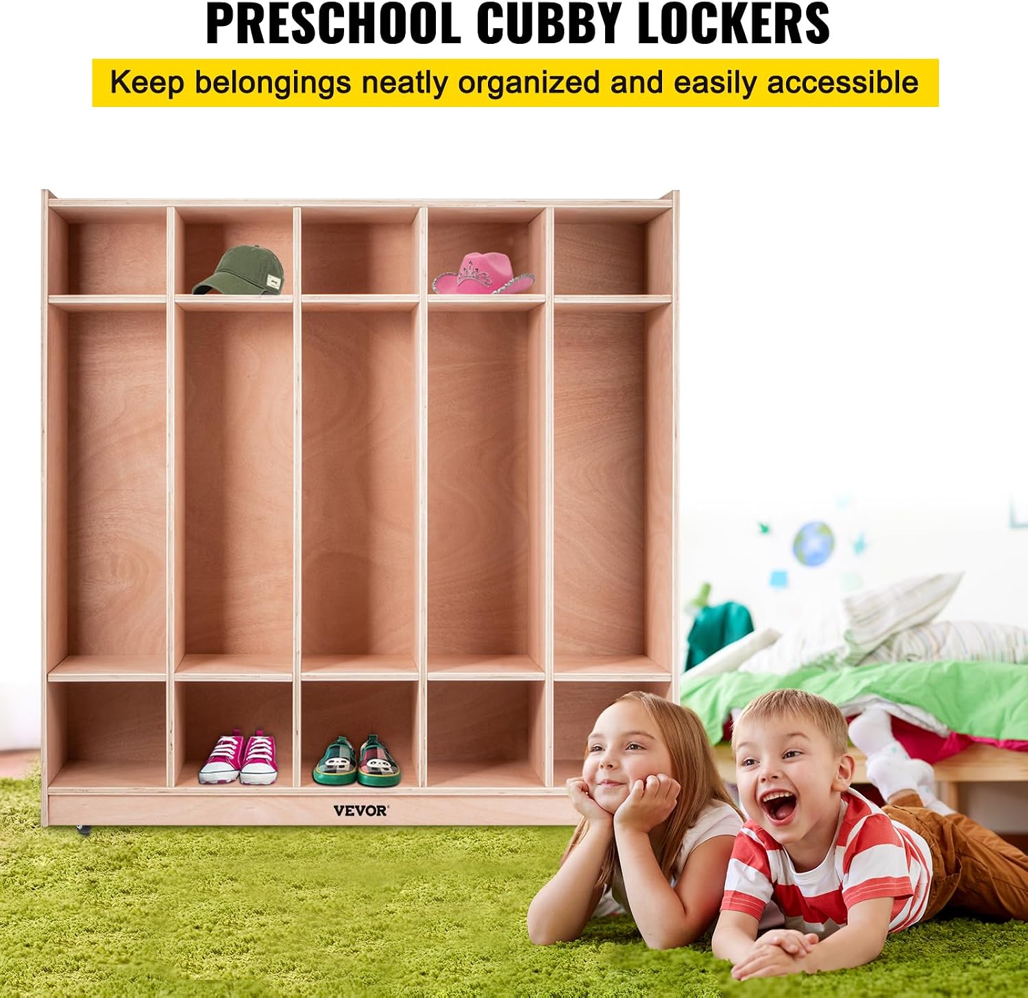 Happybuy 5-Section School Storage Locker, Wooden Storage Cabinet with 4 Casters, Classroom Cubbies for Storage, 15mm Thick Plywood Locker for Home, Office, School,Gym, Kindergarten