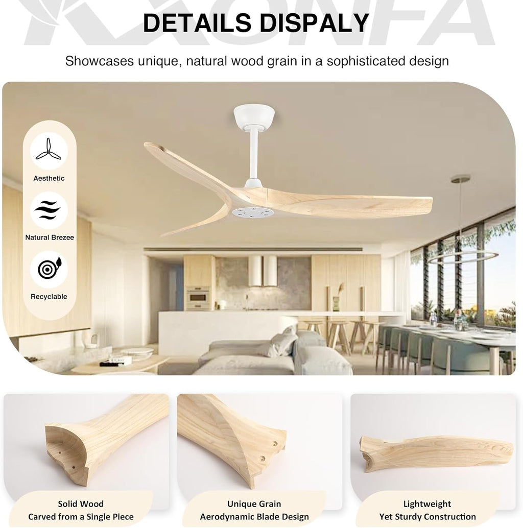 52 Inch Ceiling Fan No Light Outdoor Wood Ceiling Fans with Remote Control,Flush Mount,3 Blades Reversible Quiet DC Motor Modern Ceiling Fan Without Light for Patios Farmhouse Bedroom Indoor
