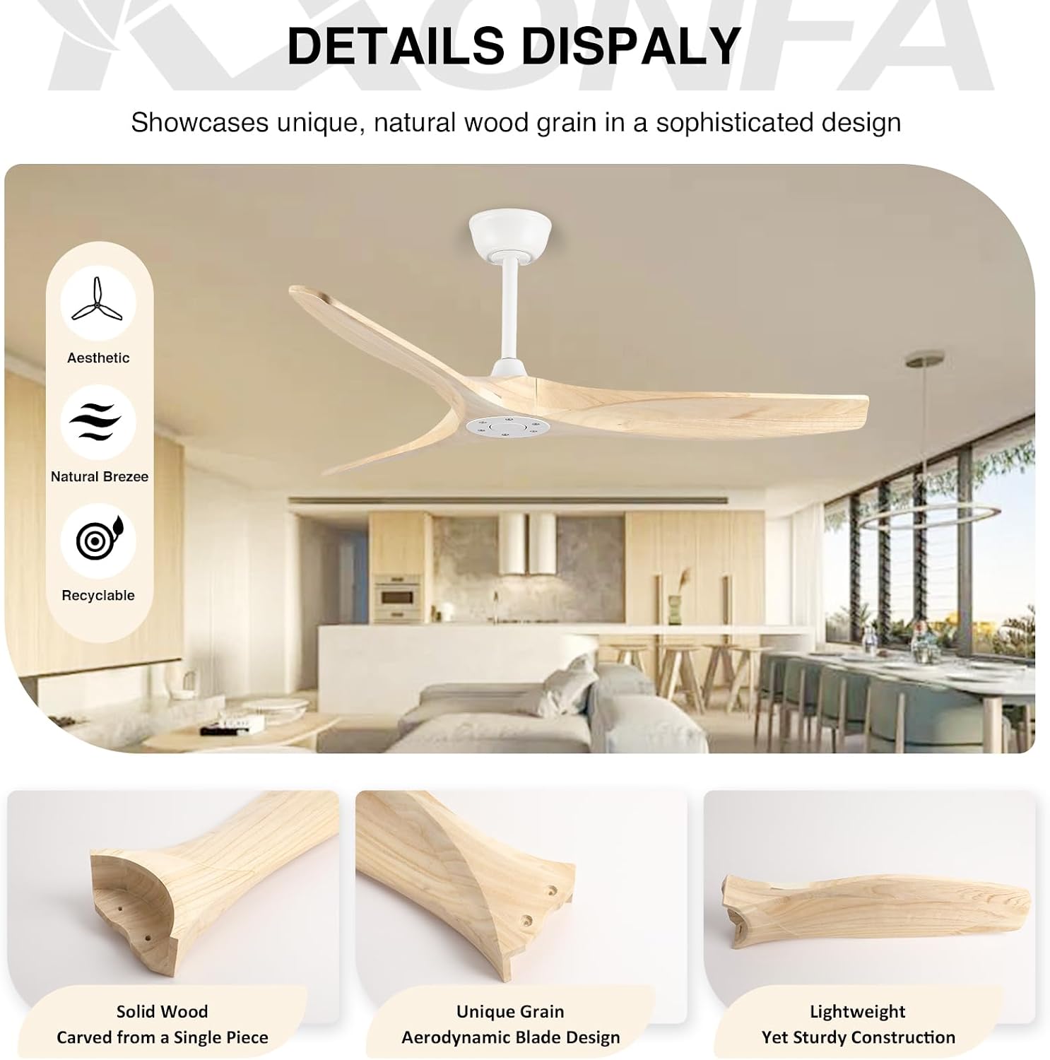 52 Inch Ceiling Fan No Light Outdoor Wood Ceiling Fans with Remote Control,Flush Mount,3 Blades Reversible Quiet DC Motor Modern Ceiling Fan Without Light for Patios Farmhouse Bedroom Indoor