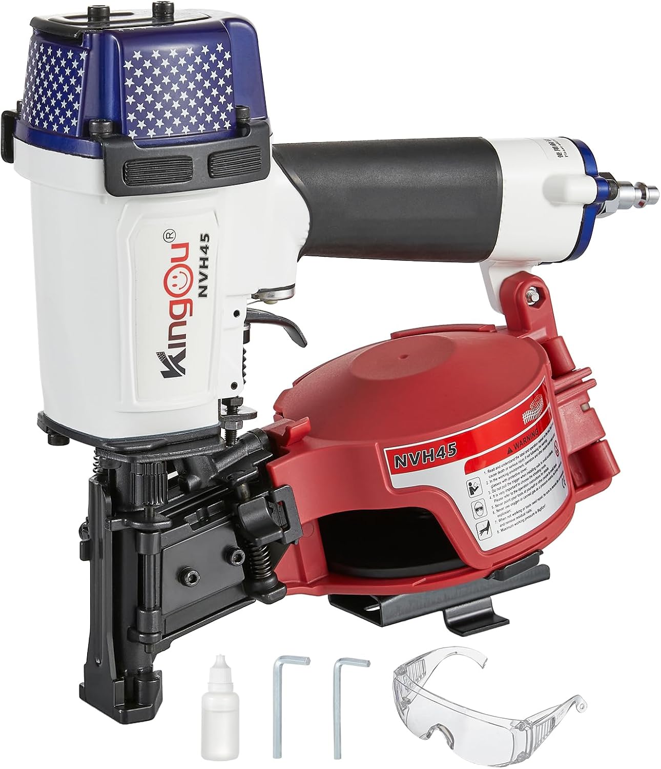 Kingou American Style NVH45 Roofing Nail Gun for Roofing Constructions Accepts 7/8-Inch to 1-3/4-Inch Nails 15 Degree With 3/8 NPT Air Connector 120-pcs Load Capacity Roofing Nailer