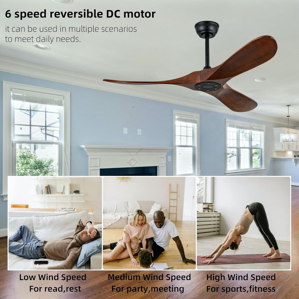 42 Inch Ceiling Fan Unlit, Solid Wood Ceiling Fan Unlit, with Remote Control, Reversible DC Motor, Indoor Bedroom Living Room Office Outdoor Patio Ceiling Fan
