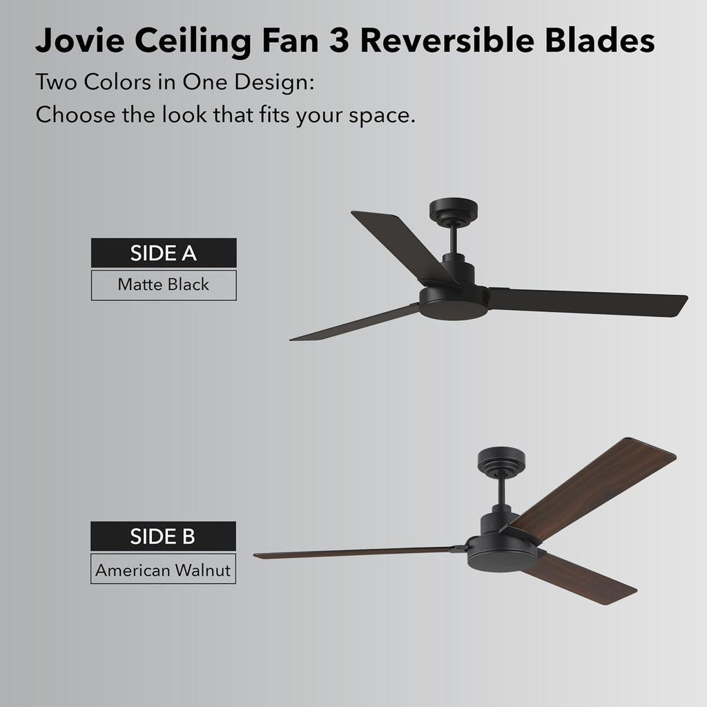 Monte Carlo Fans Jovie 3 Blade Ceiling Fan in Modern Style 58 Inch Wide 14.7 Inch Tall Midnight Black Finish with LED