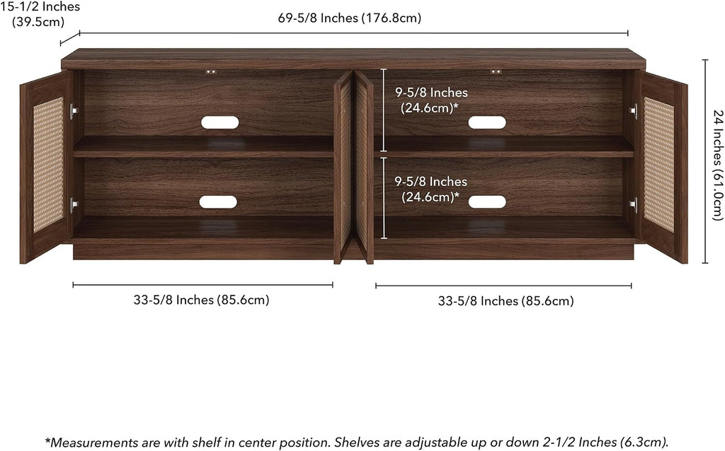 Henn&Hart 2-Tone TV Stand for TVs up to 78' with 2 Concealed Storage Cabinets, Rattan Insert Detailing, and Adjustable Shelves for Living Room, Family Room, or Office, Medium Walnut/Natural Rattan