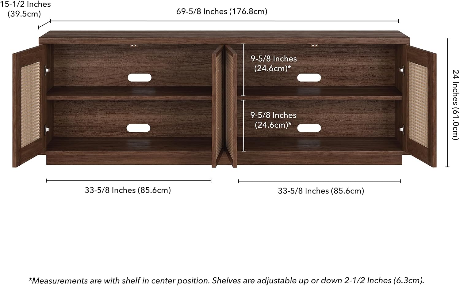 Henn&Hart 2-Tone TV Stand for TVs up to 78' with 2 Concealed Storage Cabinets, Rattan Insert Detailing, and Adjustable Shelves for Living Room, Family Room, or Office, Medium Walnut/Natural Rattan