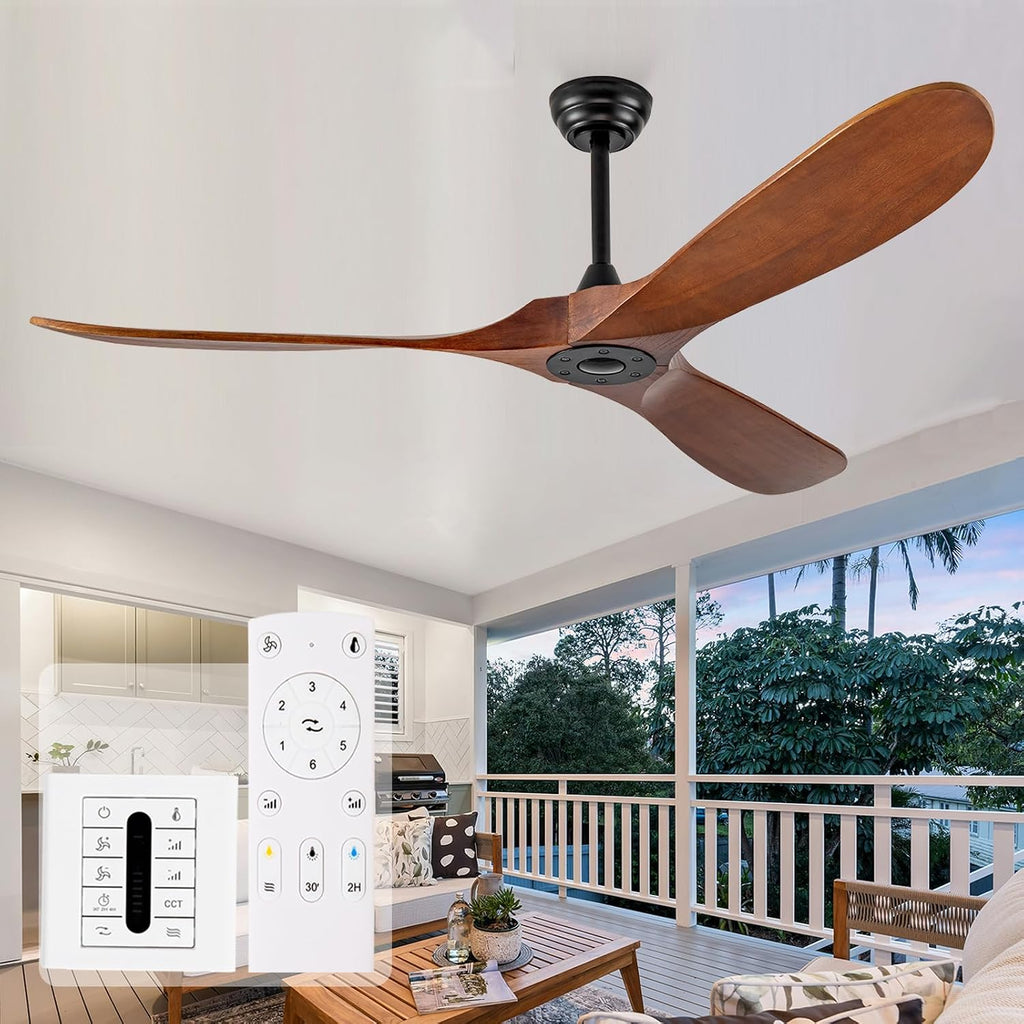 60 Inch Outdoor Ceiling Fan no Light,Solid Wood Ceiling Fan Without Lights with Remote/Wall Control,Large 3 Blades Walnut Propeller for Patio,Porch,Living Room,Bedroom,Farmhouse