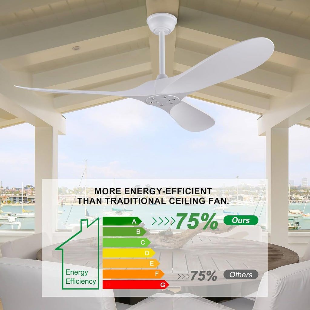52'' Ceiling Fan without Lights, White Modern 3 Blades Ceiling Fan with Remote Control, 6 Speed Quiet Reversible DC Motor, Indoor Outdoor Ceiling Fan for Bedroom Dining Room Study Patios