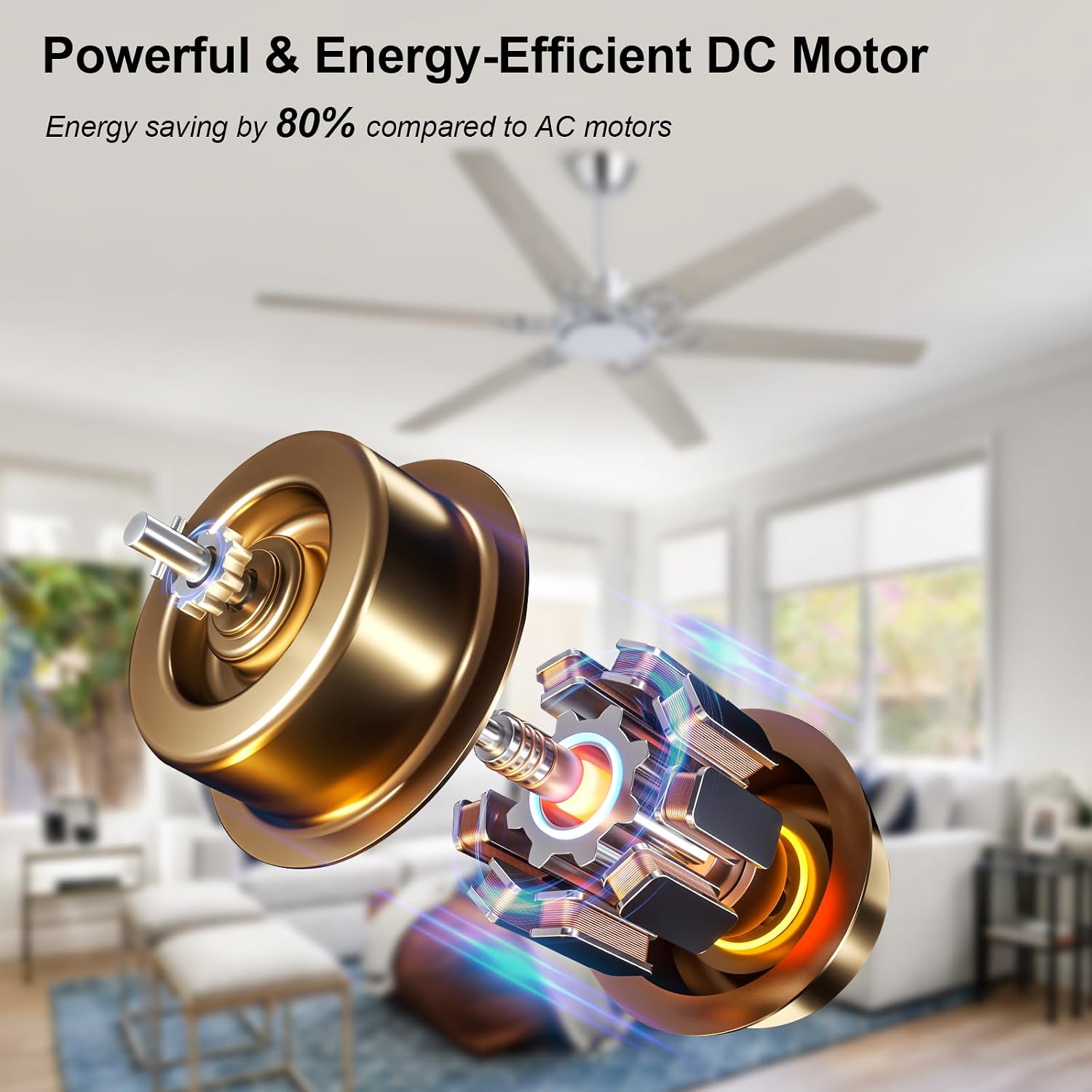 WINGBO Ceiling Fan no Light - 64 inch Ceiling Fan with Remote Control,6 Blades Modern Ceiling Fan, 6-Speed Noiseless Timer Powerful DC Motor, ETL Listed, Indoor/Outdoor, Chromium + Grey