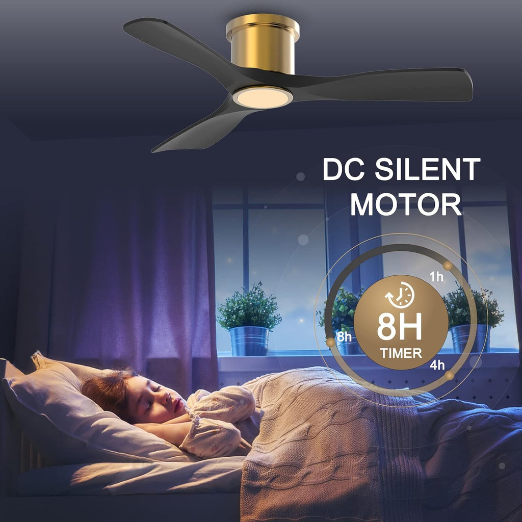 OFANTOP 52 Inch Smart Ceiling Fan with Light and Remote, Indoor 3 Blade Black Gold Flush Mount Modern Ceiling Fan for Bedroom Living Room