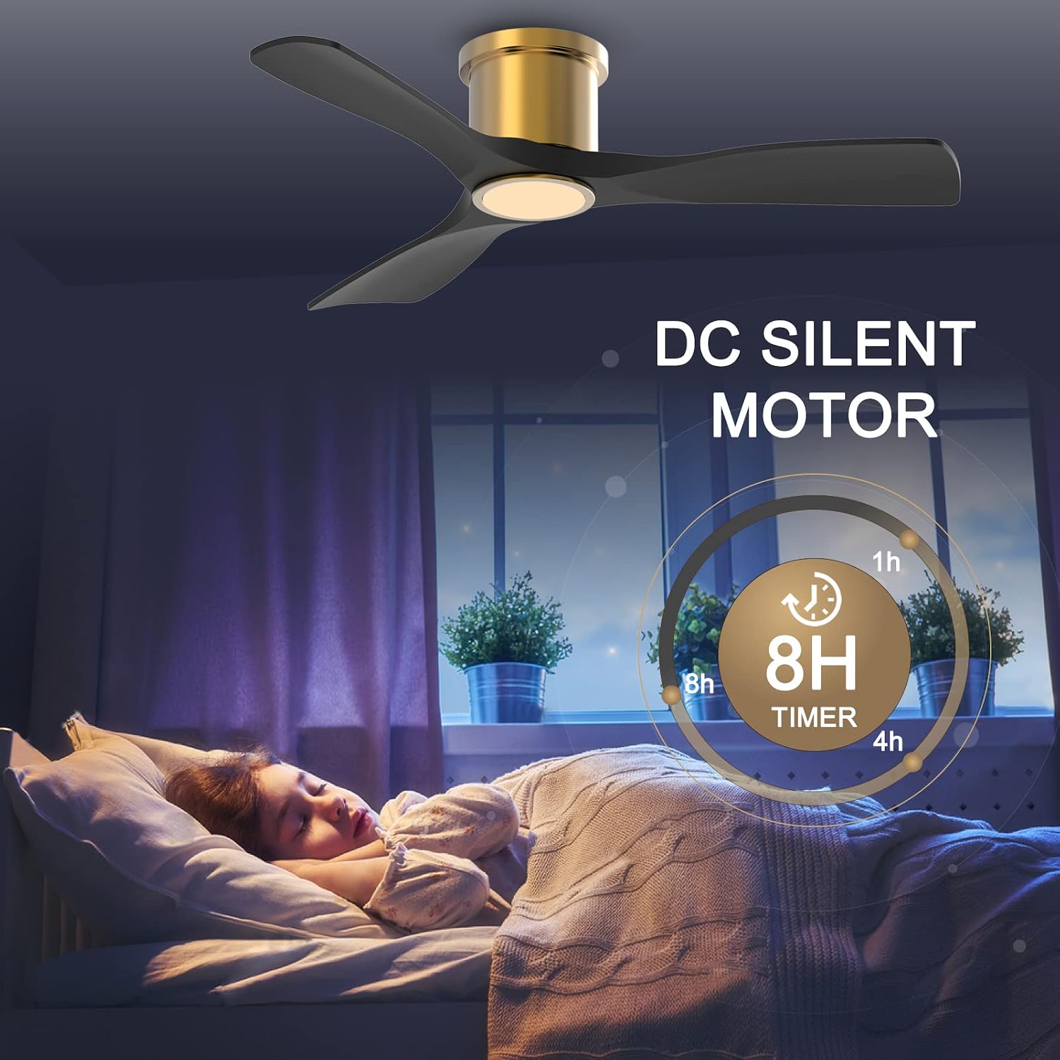 OFANTOP 52 Inch Smart Ceiling Fan with Light and Remote, Indoor 3 Blade Black Gold Flush Mount Modern Ceiling Fan for Bedroom Living Room