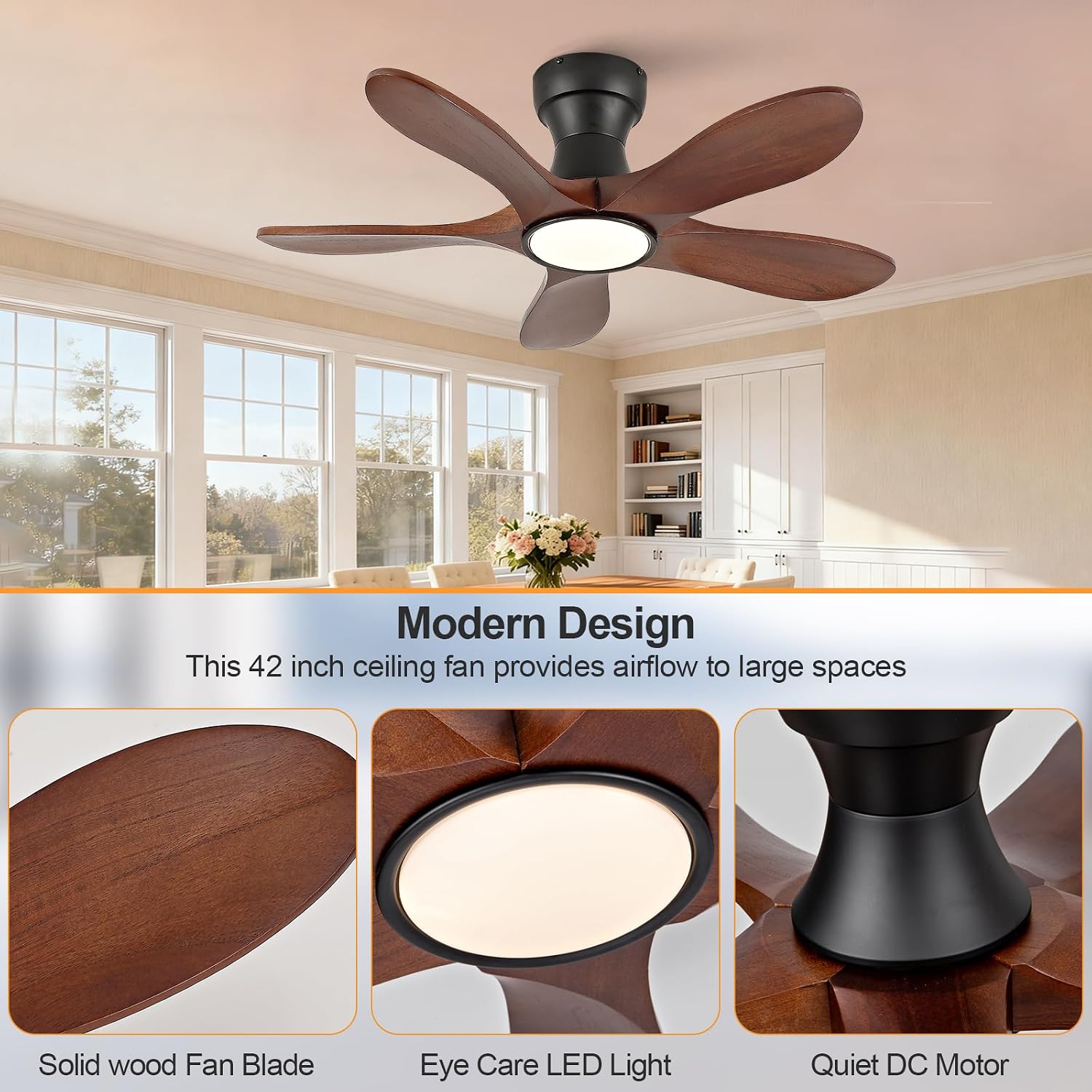 36 Inch Wood Flush Mount Ceiling Fans with Lights and Remote, Dimmable 5 Blade Wood Bedroom Ceiling Fan Outdoor Ceiling Fans for Patios Low Profile Ceiling Fan with Light for Bedroom Indoor