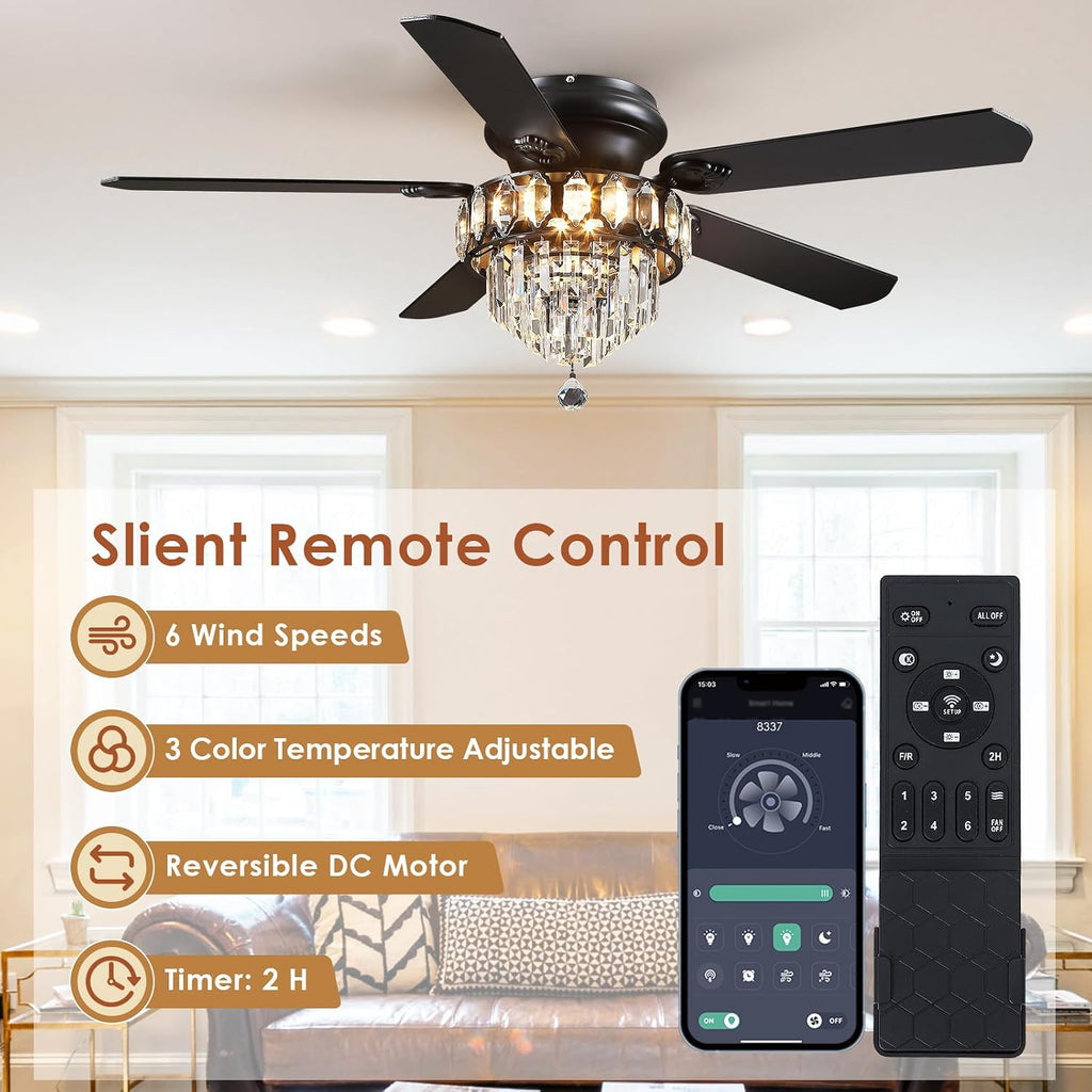 Asyko 52' Low Profile Crystal Ceiling Fan Fandelier with Lights and Remote Control- Retro/Farmhouse Ceiling Fans with Noiseless DC Motor, Flush Mount Ceiling Fan Light for Dining Room,Bedroom