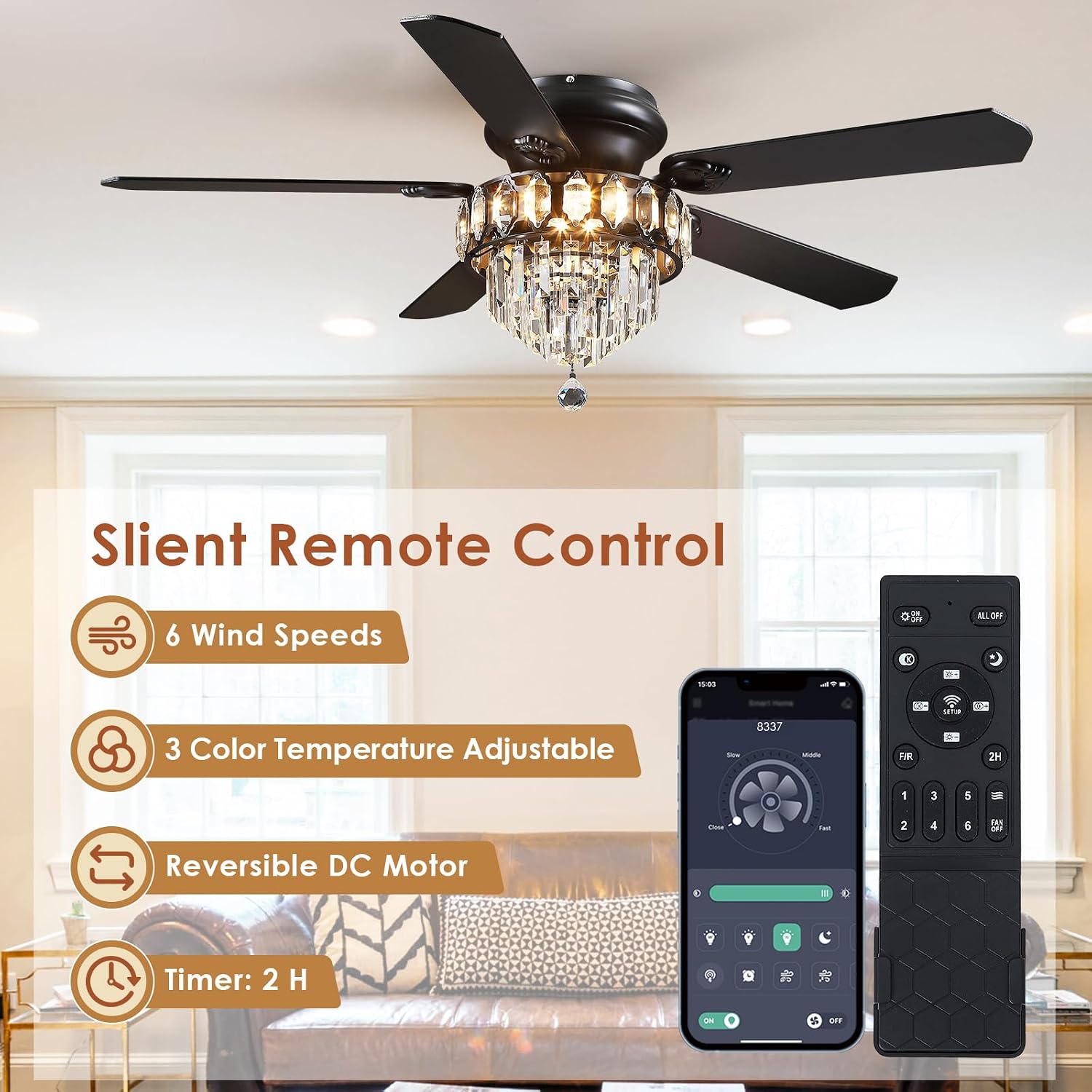 Asyko 52' Low Profile Crystal Ceiling Fan Fandelier with Lights and Remote Control- Retro/Farmhouse Ceiling Fans with Noiseless DC Motor, Flush Mount Ceiling Fan Light for Dining Room,Bedroom