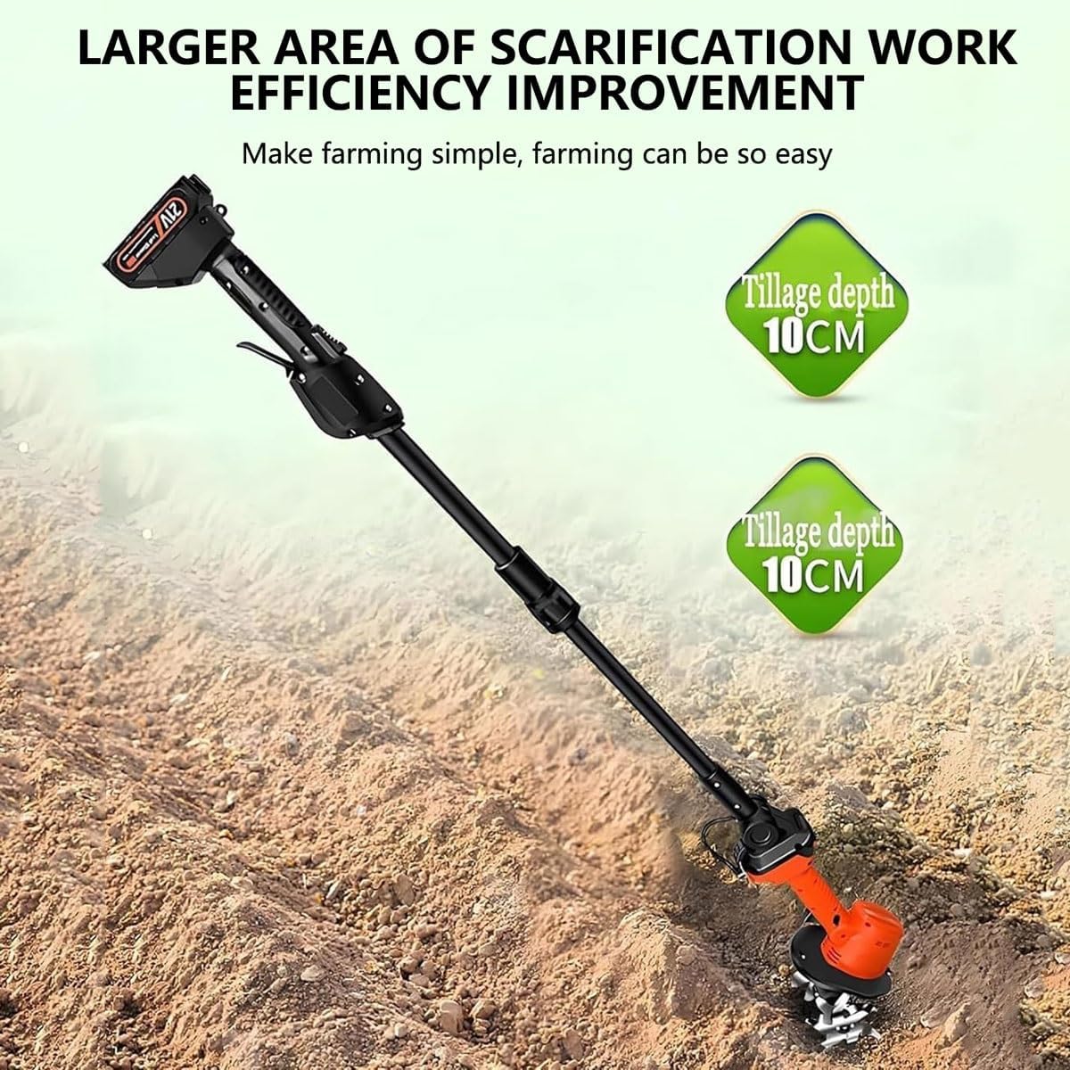2-in-1 Cordless Tiller Cultivator with Electric Digging Hoe,Electric Garden Lightweight Rotavator with Telescopic Pole and 2 Batteries,10Cm Tilling Width & Depth,for Gardening