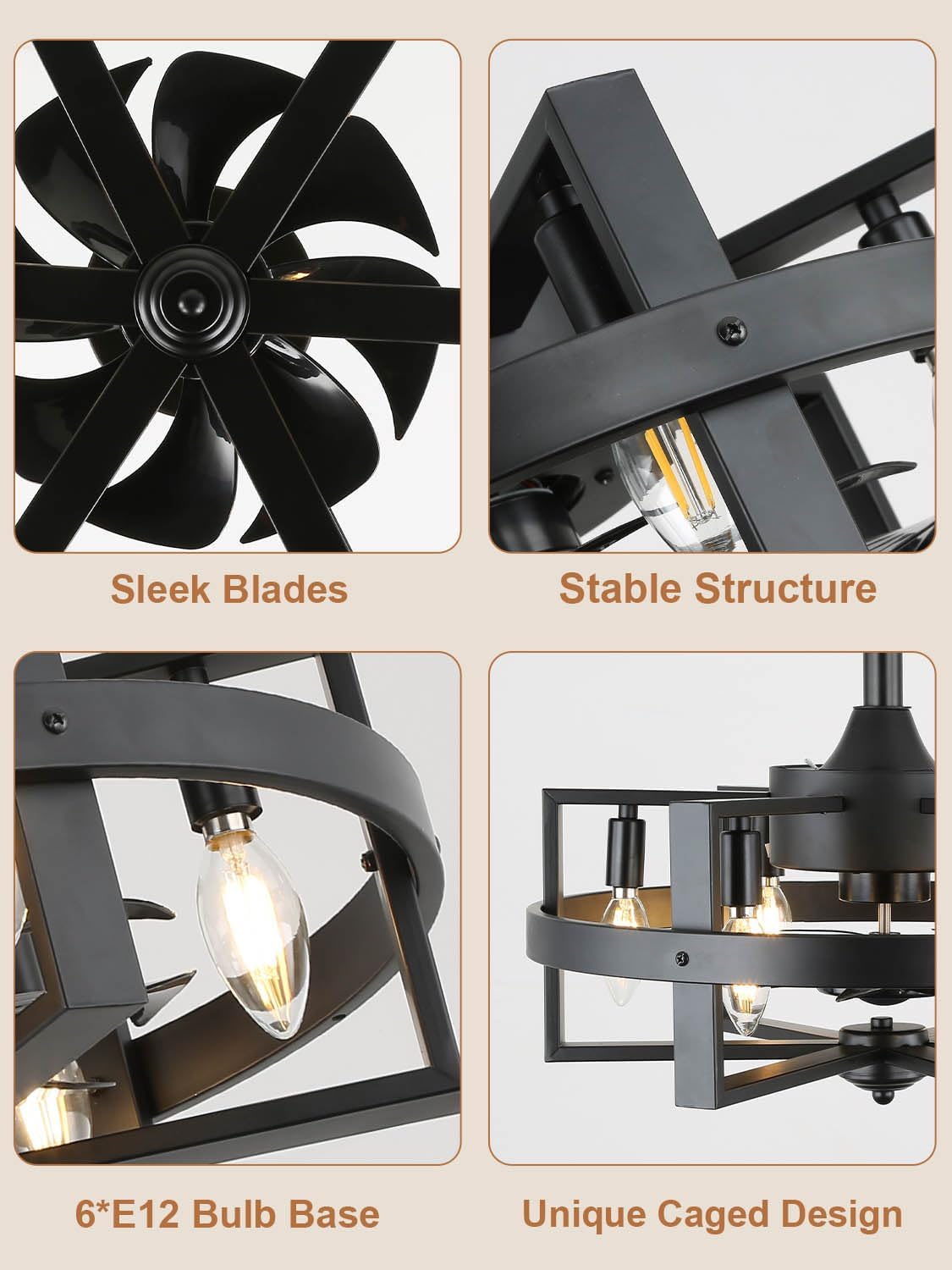 18.5 Inch 6-Lights Black Caged Ceiling Fan with Light, Retro Industrial Enclosed Modern Ceiling Fans with Remote Control, 3-Speed Farmhouse Ceiling Fan with Remote for Bedroom Living Room (Black)